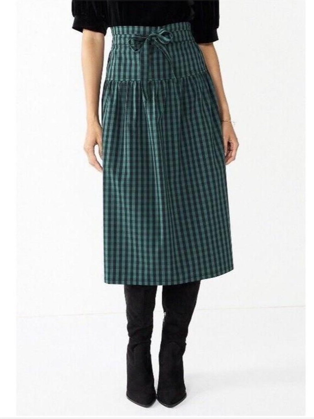 DRAPER JAMES Paper Bag Waist Gingham Plaid Midi Skirt Green Black Size Medium